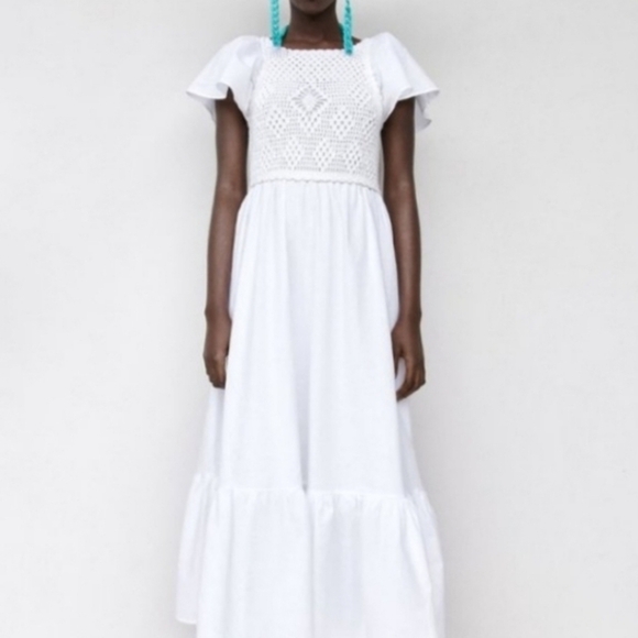 Zara White Scoop Neck Flutter Sleeve Midi Dress Size Medium - Picture 2 of 10